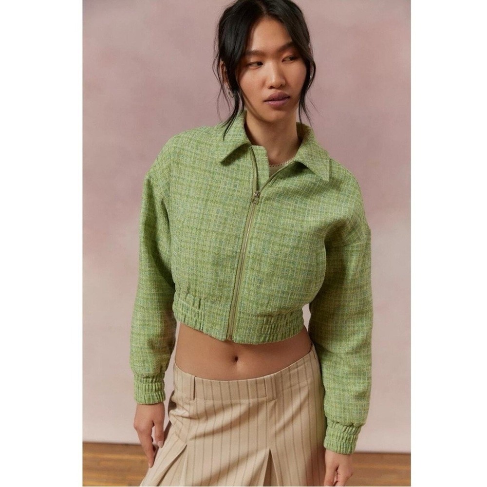 Kimchi Womens Preppy Streetwear Chic Green Tweed Cropped Bomber Jacket NWT Small